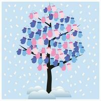 illustration of a winter tree with mittens instead of leaves. Snowdrifts and snow. New Year. It can be used for postcards, poster, magazines, children's books. vector