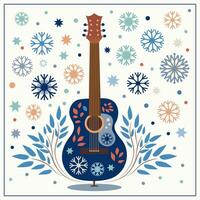 Artistic illustration with a six-string blue guitar on a winter background with leaves and snowflakes. vector