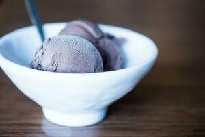 Scoop of chocolate ice cream in white bowl photo