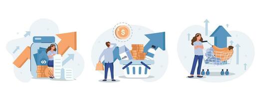 Inflation illustration set. Characters buying food in supermarket and worries about groceries rising price. Consumer price index growth and financial crisis concept. Vector illustration.