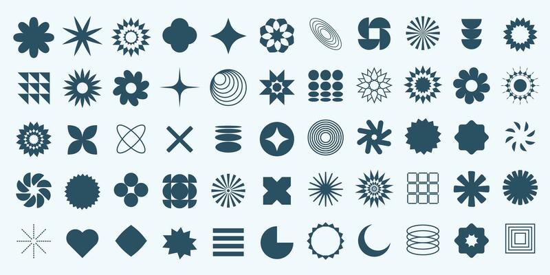 Set of abstract retro geometric shapes. Geometric shapes and elements. Collection of contemporary figure, flower, Bauhaus elements, Brutalist design, Brutalist design, Y2k element icons and signs