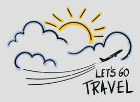 airplane flying over clouds, children's illustration in black lines with colorful outline, text let's travel vector