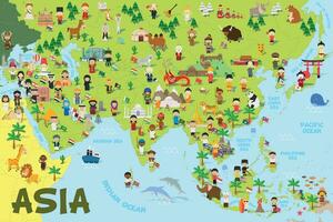 Funny cartoon map of Asia with childrens of different nationalities, representative monuments, animals and objects of all the countries. Vector illustration for preschool education and kids design.