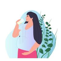 A young pregnant woman drinks water from a glass. Healthy lifestyle concept. Background gradient and plants. Vector illustration