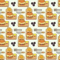 burger with onion rings with chilli sauce and ketchup seamless pattern vector