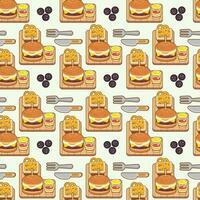 burger with onion rings with chilli sauce and ketchup seamless pattern vector