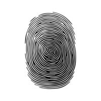 Fingerprint pattern, clear lines and swirls. Human thumbprint. Icon, pictogram, logo. Black and white illustration. Vector isolated on a white background. Security concept.