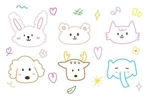 Cute face animal hand drawn doodle for element illustration and kid. Rabbit, bear, elephant, dog, cat and deer. vector