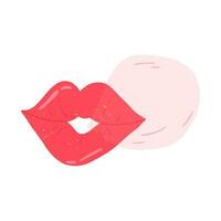 Red lips blowing bubble gum, flat vector illustration isolated on white background. Quirky drawing with grunge texture.