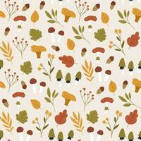 Autumn seamless pattern with leaves, flowers, mushrooms and acorn. Beige background with cute hand drawn fall botany elements. vector