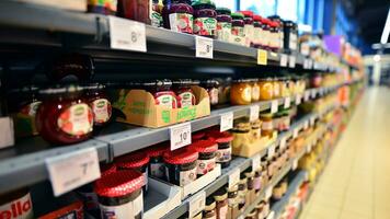 Warsaw, Poland. 8 January 2024. Supermarket store aisle with products filling shelves. Carrefour supermarket. photo