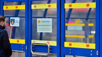 Warsaw, Poland. 29 December 2023. A sign in the entrance to the metro. The subway is closed. photo