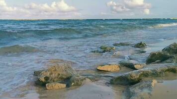 Stones rocks corals turquoise green blue water on beach Mexico. video