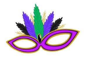 Brasilian carnival mask. Bright purple mask decorated with gold and colorful feathers vector