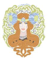 Redhead woman in flowers. Art nouveau isolated illustration vector