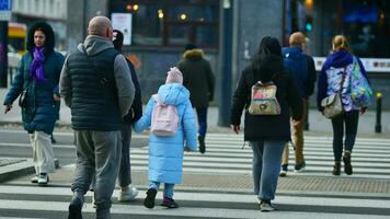 varsovia, Polonia. 29 diciembre 2023. multitud de personas cruce calle en tráfico ligero cebra en el ciudad a prisa hora. estilo de vida en un grande ciudad en europa. foto