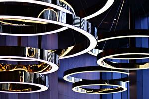 Abstract interior fragment. Stylized illumination with modern LED lamps. photo
