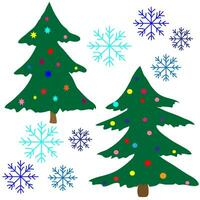 Vector New Year holiday drawing of two Christmas trees and snowflakes decorated with toys