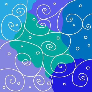 Vector abstract pattern drawn in a linear style in the form of spirals and circles on a blue background