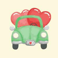 classic car with love heart cute design paint draw design for decorative valentine wedding celebration festival vector