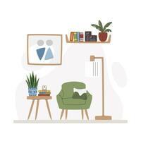 Home calm place for relaxing and reading. Living room zone with coffee table and plants. Many books, houseplants, candles and family photos. Interior design scene hand drawn flat vector illustration