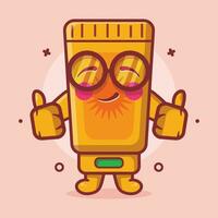 gracioso bloqueador solar tubo personaje mascota con pulgar arriba mano gesto aislado dibujos animados en plano estilo diseño vector