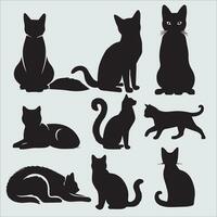 Set of black cats silhouettes isolated on white background. Vector illustration.