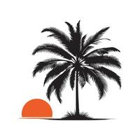 Silhouette of palm trees and sunset on the beach. Vector illustration.