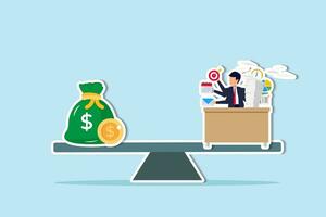 Wages, salary or income, work hard for money or incentive motivate to work overtime, overworked and life balance concept, businessman working hard on busy desk seesaw balance with wages money bag. vector