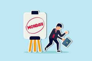 Monday blues, tired and fear of routine office work, depression or sadness worker, sleepy and frustrated on Monday morning, tired and sleepy businessman going to work with calendar showing Monday. vector