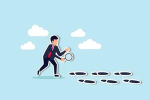 Business success footprint, aim high growth and surpass with bigger steps or career path or working skill development concept, smart businessman using magnifying glass investigating bigger foot steps. vector