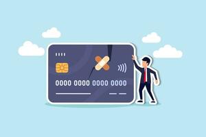 Credit repair, process to fixing poor credit standing, recover from financial mistake or negotiate with lender concept, confidence businessman stand with fixed and repaired credit card with bandage. vector