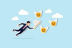 Pursuit of happiness, finding true life success, positive thinking or optimistic, feeling bless, humor or joyful concept, cheerful man catch smiling face with butterfly net metaphor of happiness. vector