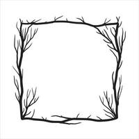 Tree frame, floral square border. Plant and twig decoration isolated on white background. black outline silhouette. decorative vintage scary element. Dark forest concept. vector