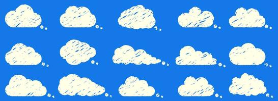 Set of simple scribble white clouds naive art. Collection of hand-drawn kawaii elements on blue background for chat, announcement, comments. vector