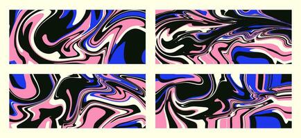 Set of wavy trippy patterns in psychedelic colors. Vector abstract background. Aesthetic texture with flowing waves in the style of the 1970s.