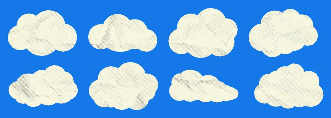 Set of simple clouds with paper texture for retro collages. Collection of elements with halftone effect.