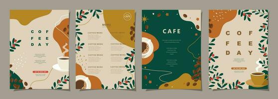 conjunto de bosquejo pancartas con café frijoles y hojas en mínimo antecedentes para invitaciones, tarjetas, bandera, póster, cubrir, café menú o otro modelo diseño. vector ilustración.