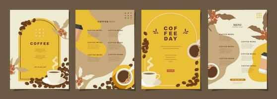 conjunto de bosquejo pancartas con café frijoles y hojas en mínimo antecedentes para invitaciones, tarjetas, bandera, póster, cubrir, café menú o otro modelo diseño. vector ilustración.