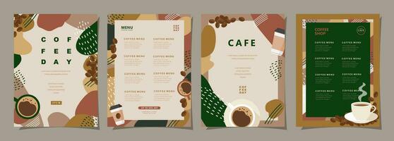 conjunto de bosquejo pancartas con café frijoles y hojas en mínimo antecedentes para invitaciones, tarjetas, bandera, póster, cubrir, café menú o otro modelo diseño. vector ilustración.