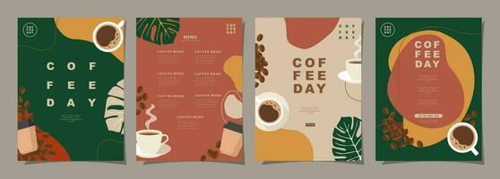 conjunto de bosquejo pancartas con café frijoles y hojas en mínimo antecedentes para invitaciones, tarjetas, bandera, póster, cubrir, café menú o otro modelo diseño. vector ilustración.