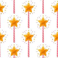 Magic wand seamless vector pattern. Pink striped stick with a shining gold star. A sparkling tool for a wizard, fairy, princess. A colorful toy for tricks, wishes. Flat cartoon background for print