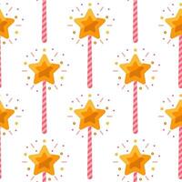 Magic wand seamless vector pattern. Pink striped stick with a shining gold star. A sparkling tool for a wizard, fairy, princess. A colorful toy for tricks, wishes. Flat cartoon background for print