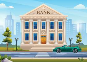 Bank building with car and city landscape background. Vector cartoon illustration