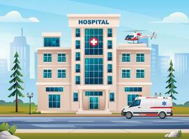 Hospital building with ambulance emergency car and helicopter on cityscape background. Vector illustration