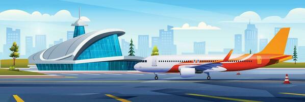 International airport building with airplane and city landscape. Vector cartoon illustration