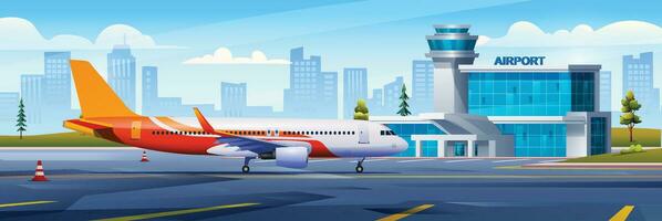 International airport building with airplane, terminal, gate and runway on cityscape background. Vector cartoon illustration