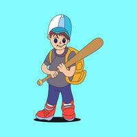 Hand drawn cute boy with baseball stick cartoon illustration vector