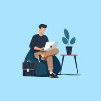 Man work from home with a laptop, flat design style vector