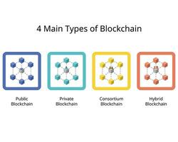 Different Types of Blockchain Networks such as private blockchain, public block chain, consortium and hybrid vector